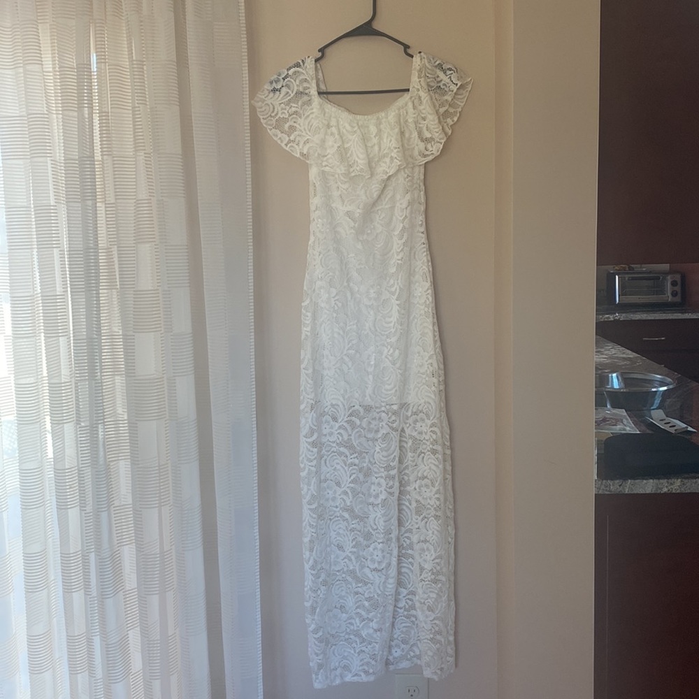 Bebe White lace off the shoulder maxi